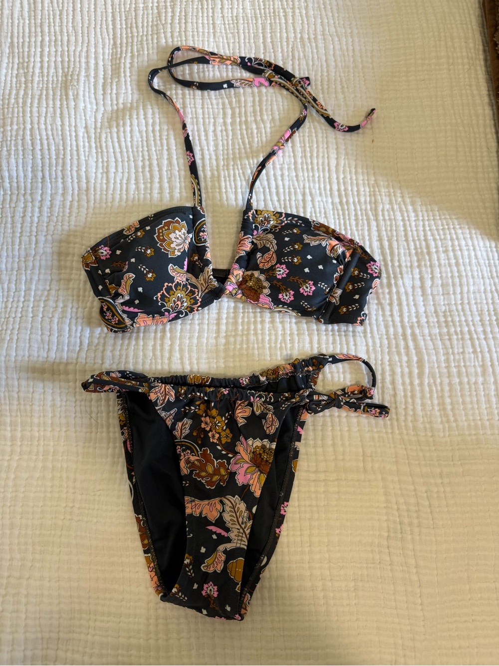 Xhilaration Charcoal Grey Floral Bandeau Bikini with Pink & Brown Accents